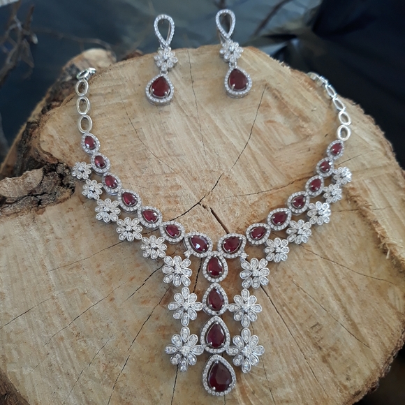Blood Red Ruby White Zirconia Sterling Silver Set - Picture 7 of 15